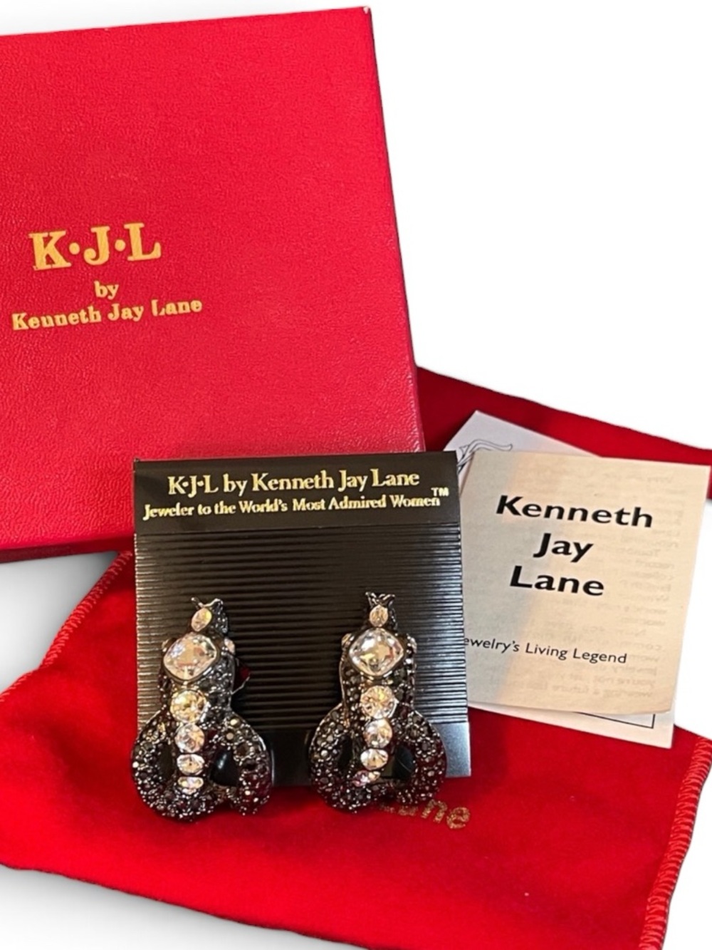 Vintage KJL “Scintillating Serpent” Gunmetal & Rhinestone Hoop Earrings